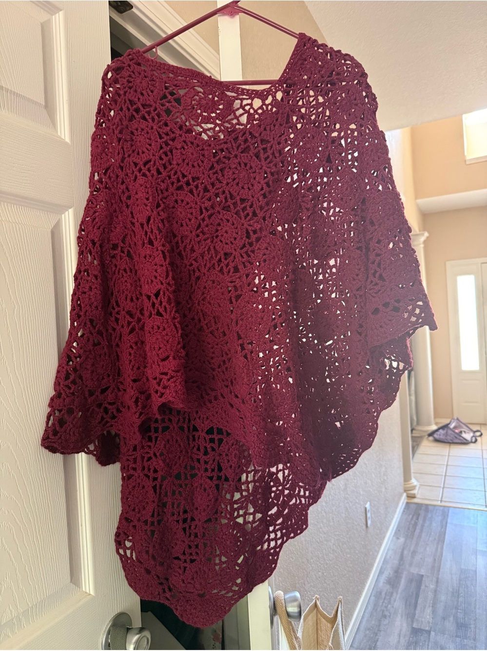 dressbarn Burgundy Crochet Open-Knit Poncho